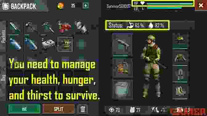 A Screenshot Of The Character Survival Stats Screen, Showing Health, Hunger, Thirst, And Stamina Among The Embers (The Fallen World 16)