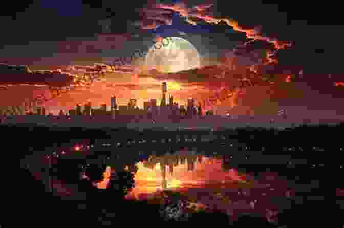 A Vibrant Full Moon Rising Over A Serene Cityscape, Casting An Ethereal Glow Amidst The Twinkling City Lights Twice In A Blue Moon
